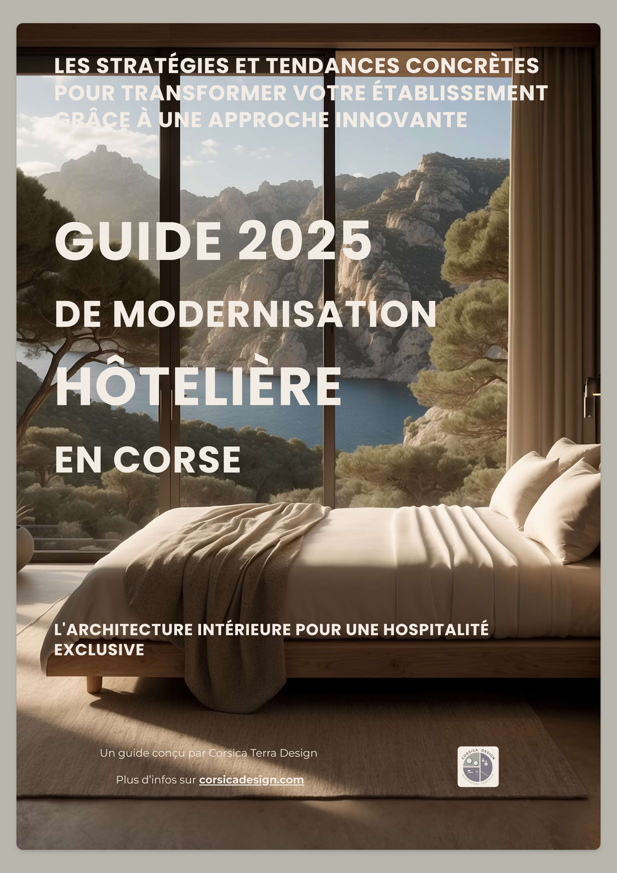 Couverture de l'eBook "Modernisation & Innovation Hôtelière en Corse – Rénovation, Design et Tendances 2025", guide dédié aux professionnels de l’hôtellerie en Corse pour améliorer l'expérience client et optimiser leur établissement.