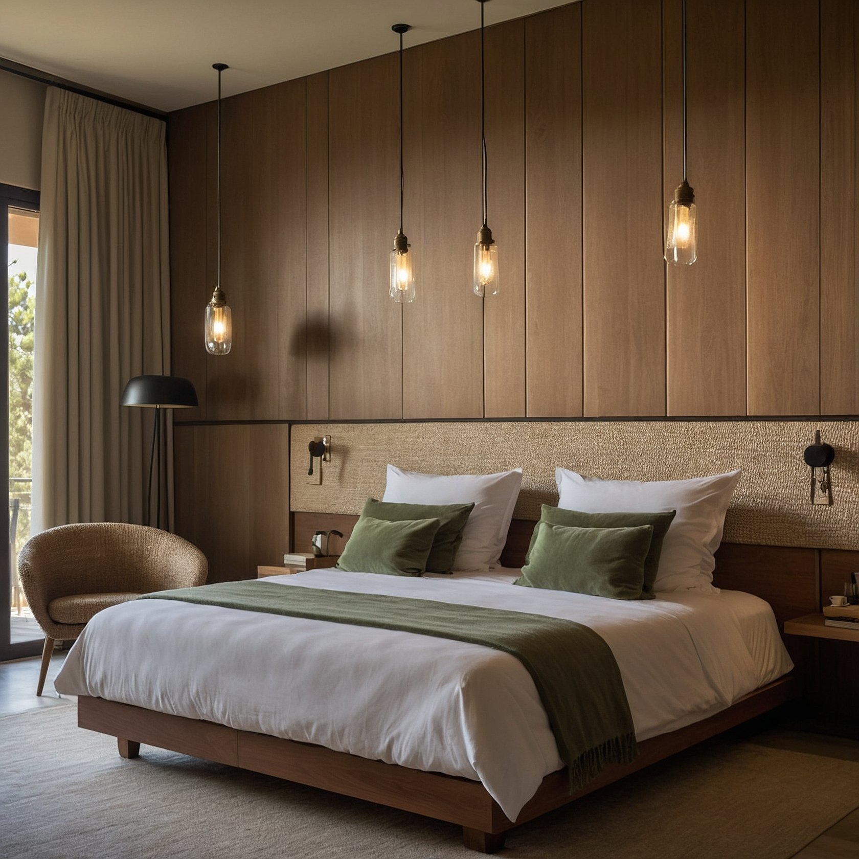 Chambre d'hôtel avec domotique et miroir connecté affichant les prévisions météo en Corse.