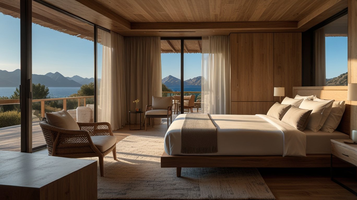 Chambre d'hôtel écoresponsable en Corse avec design en bois naturel, vue panoramique sur la mer Méditerranée, terrasse privée et décoration minimaliste inspirée du style méditerranéen durable.