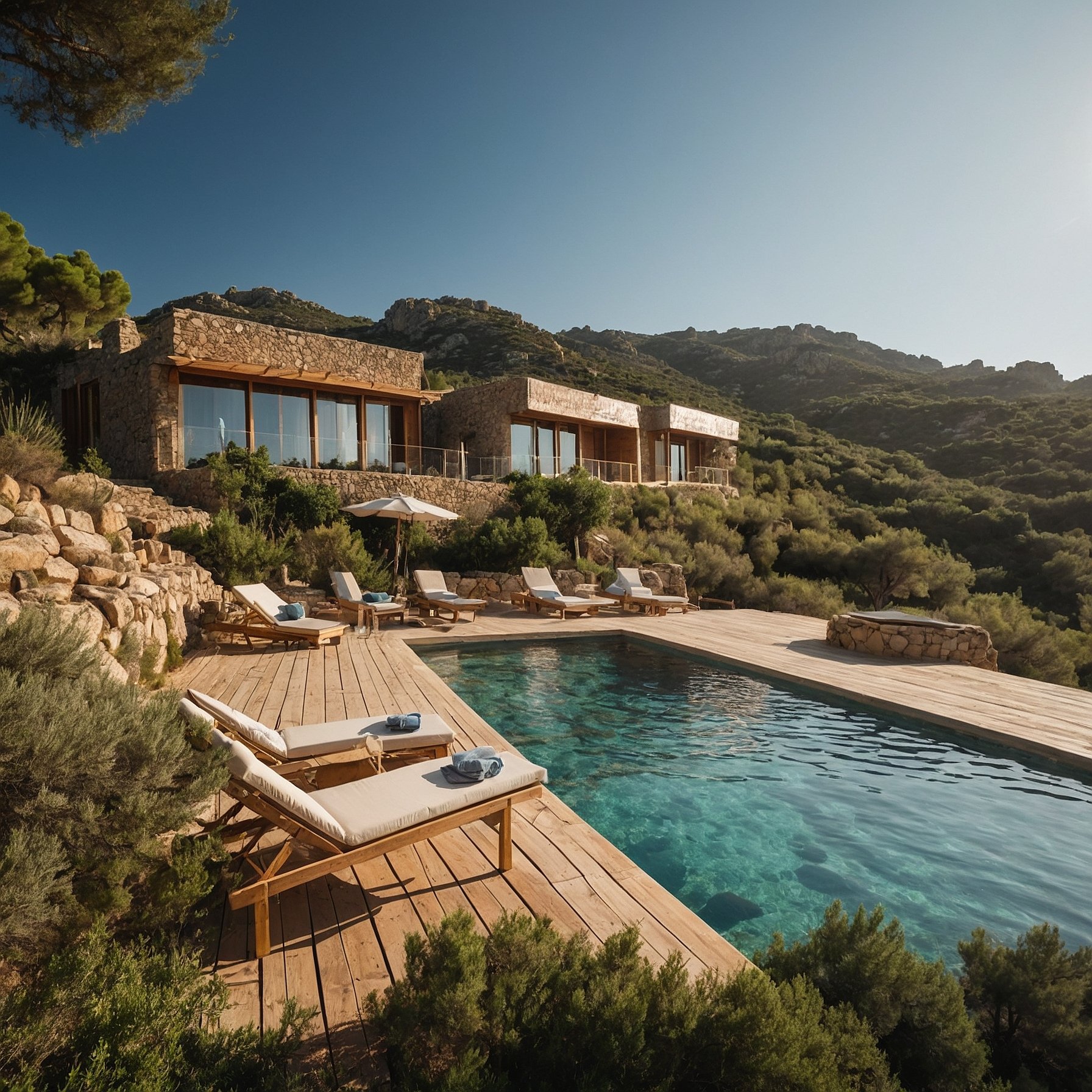 Éco-hôtel de luxe en Corse avec villas en pierre naturelle, piscine écologique en bois, transats et paysage méditerranéen préservé, intégré harmonieusement dans un environnement montagneux.