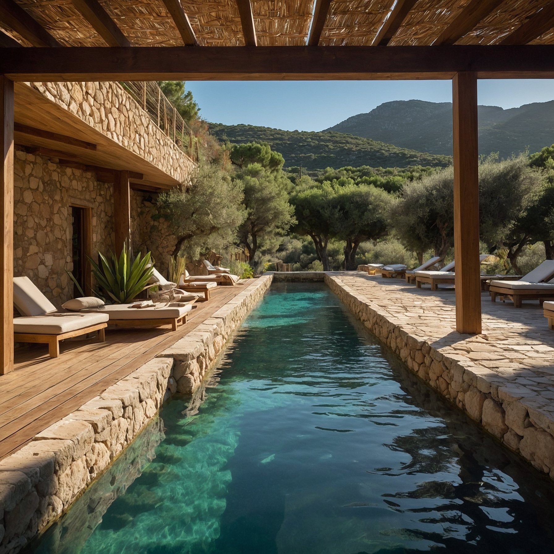 Piscine naturelle en pierre dans un éco-hôtel en Corse, entourée de transats en bois, pergola ombragée et végétation méditerranéenne luxuriante, offrant une expérience hôtelière durable et raffinée.