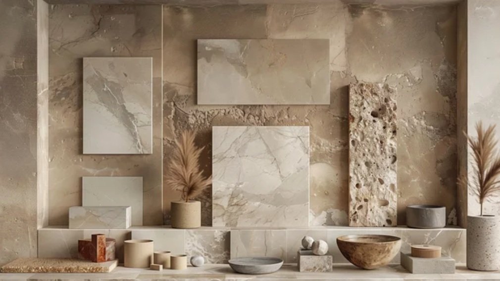 Palette de matériaux et textures naturelles, mettant en avant des tons neutres et chaleureux pour des projets de rénovation et d'architecture intérieure en Corse.