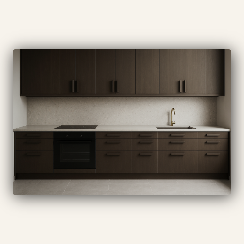 Cuisine moderne en bois foncé avec grands rangements et plan clair en quartz