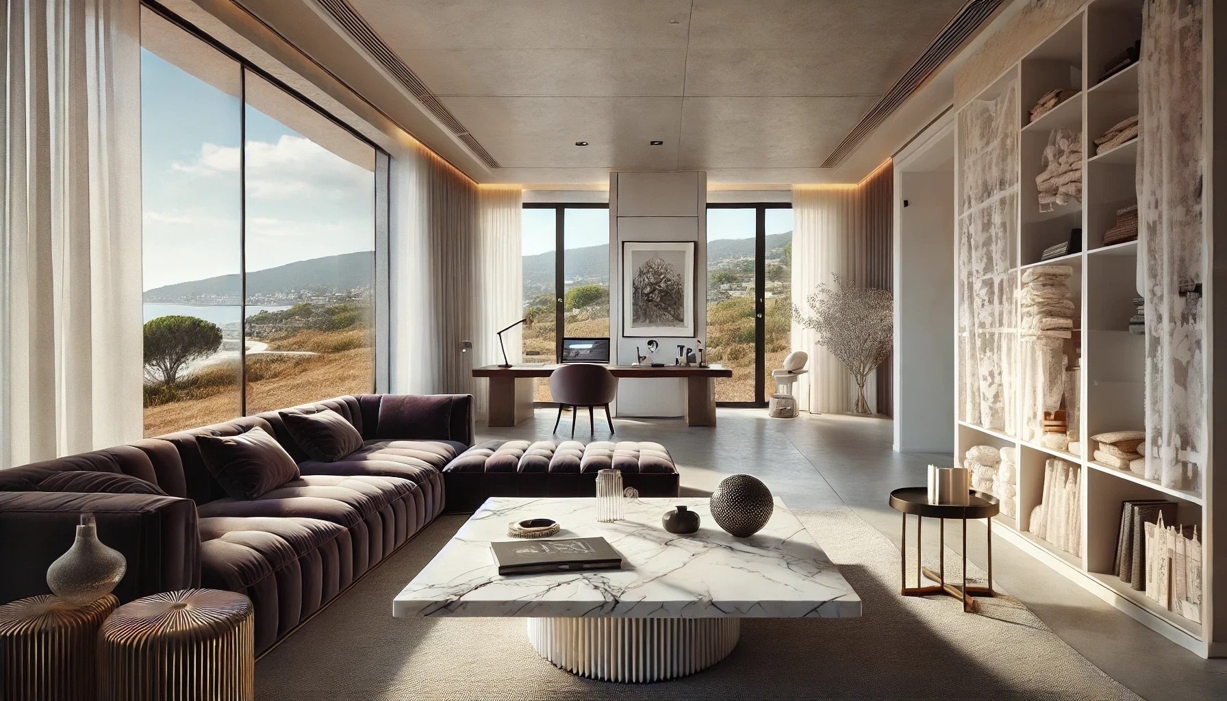 Espace de vie moderne avec mobilier épuré et lumière naturelle