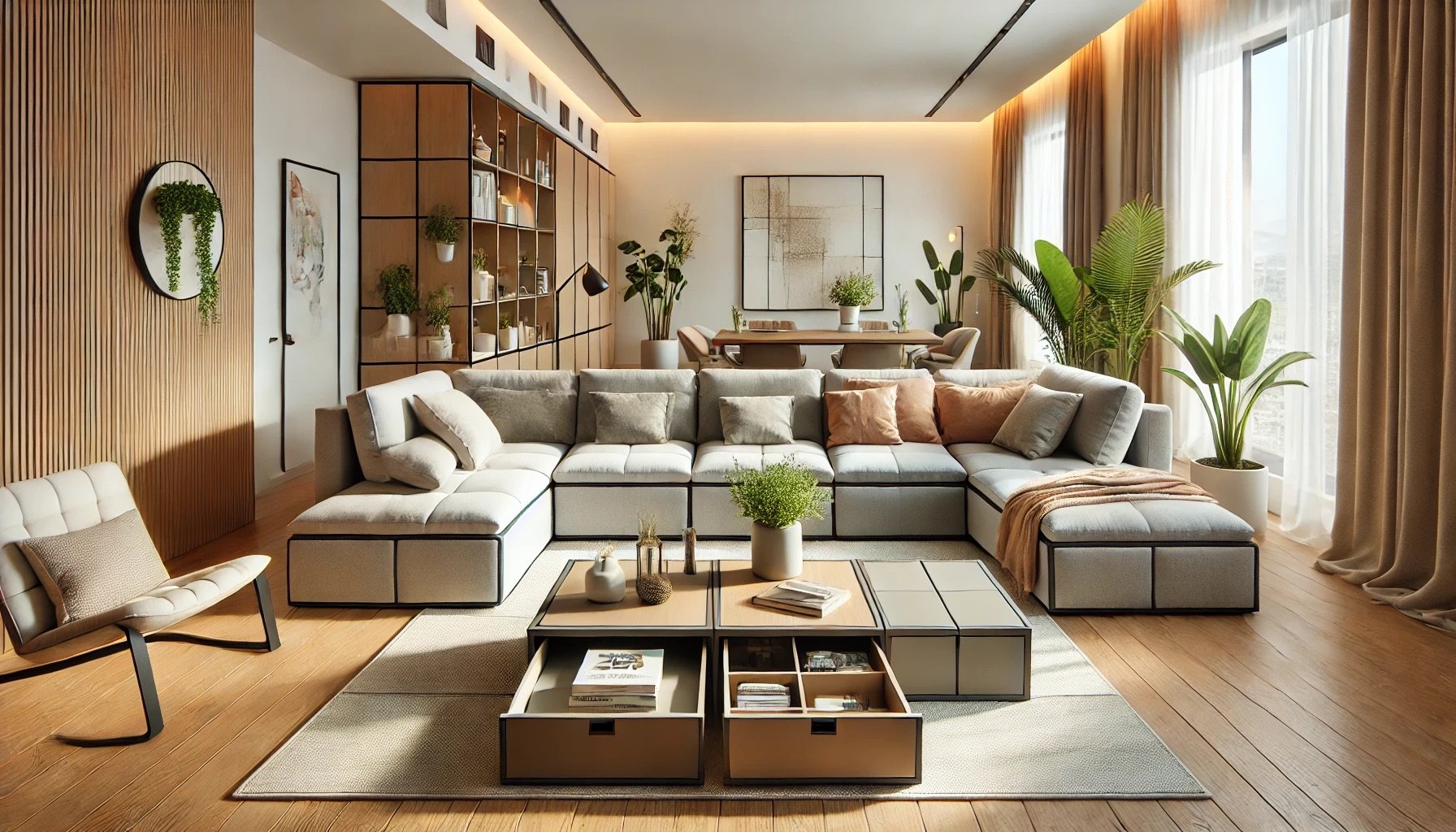 Salon moderne avec meubles en bois clair et lumière naturelle