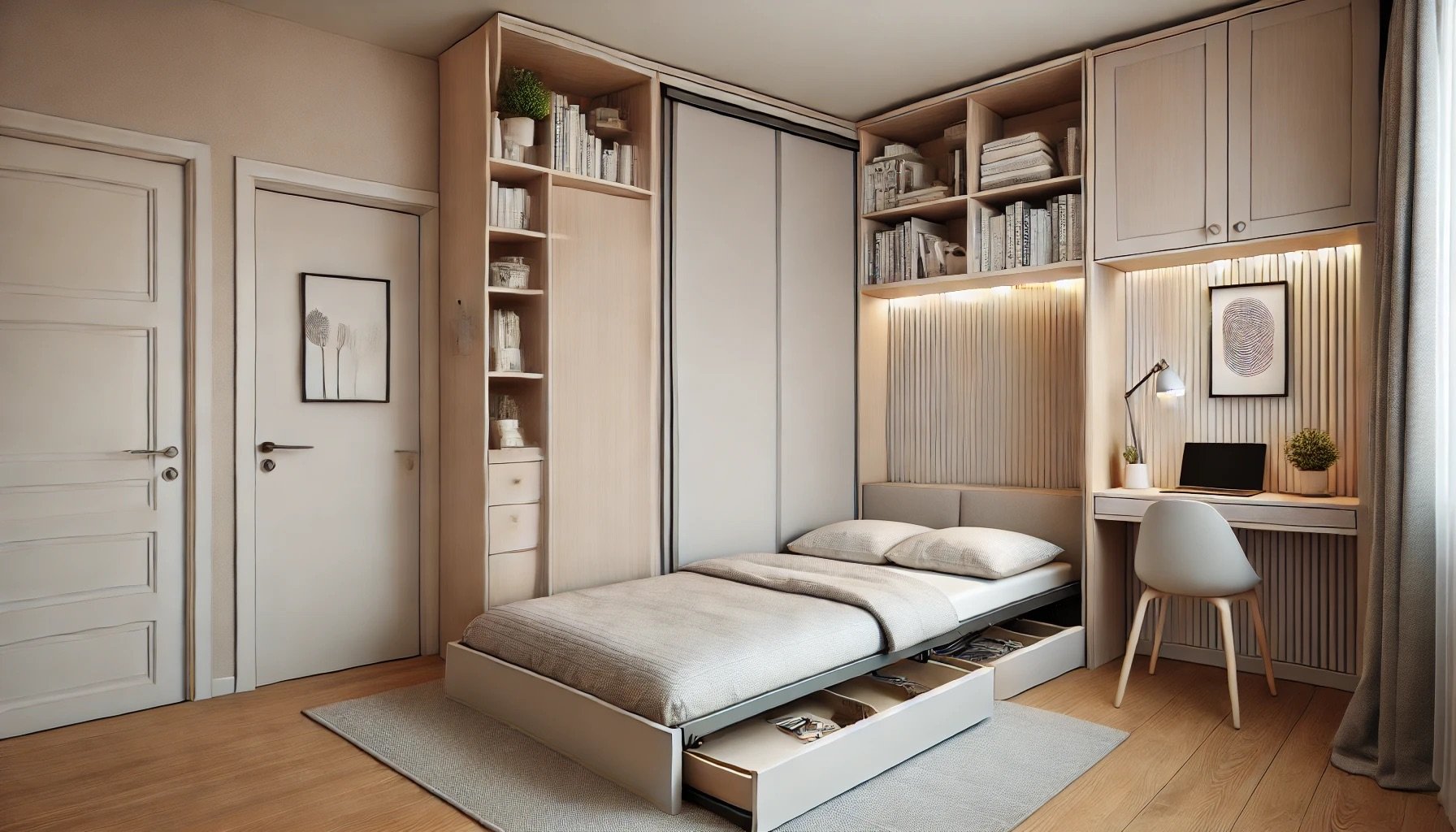 Chambre convertible avec lit escamotable et coin bureau