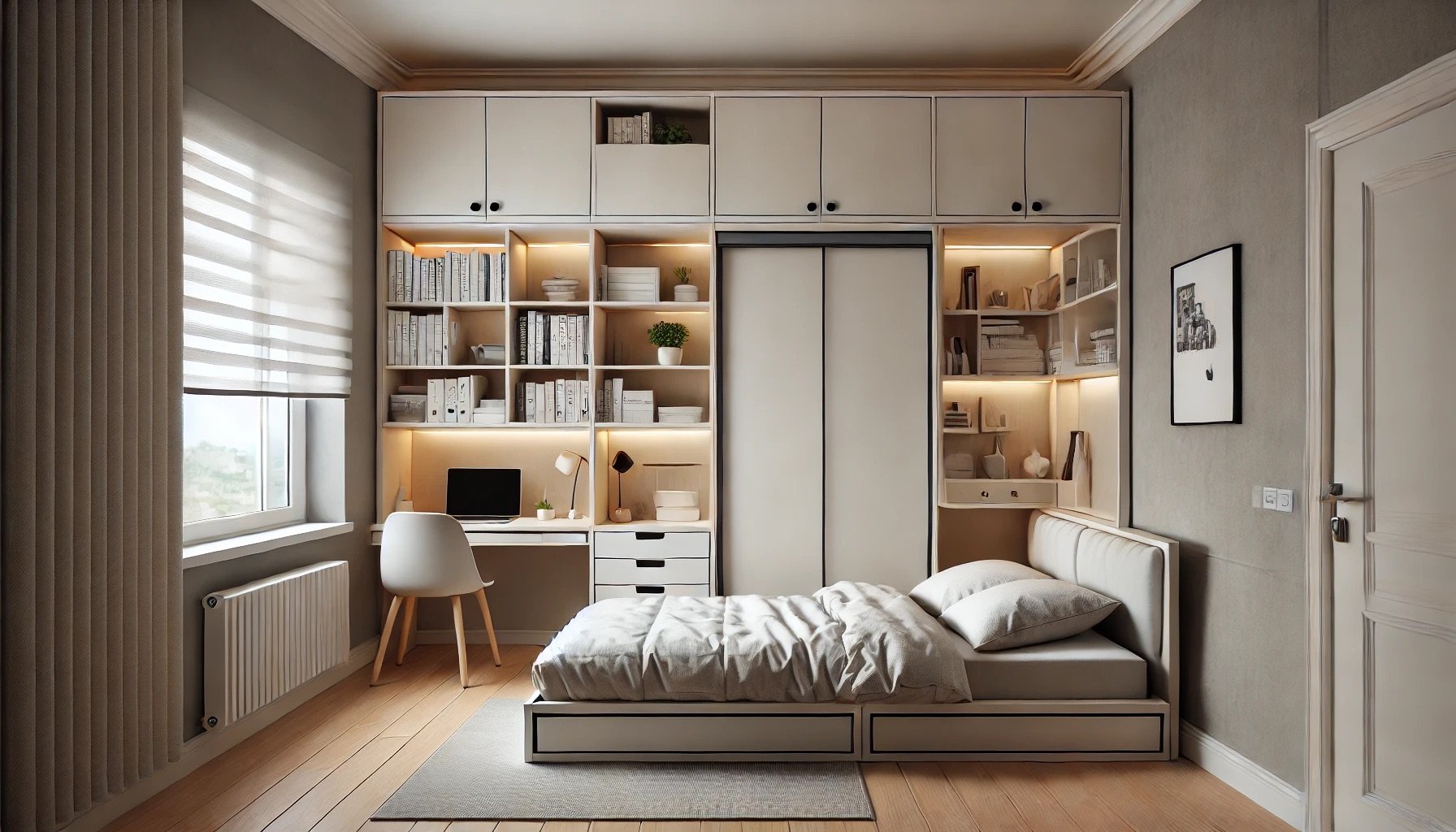 Chambre cosy avec mobilier minimaliste et rangements intégrés