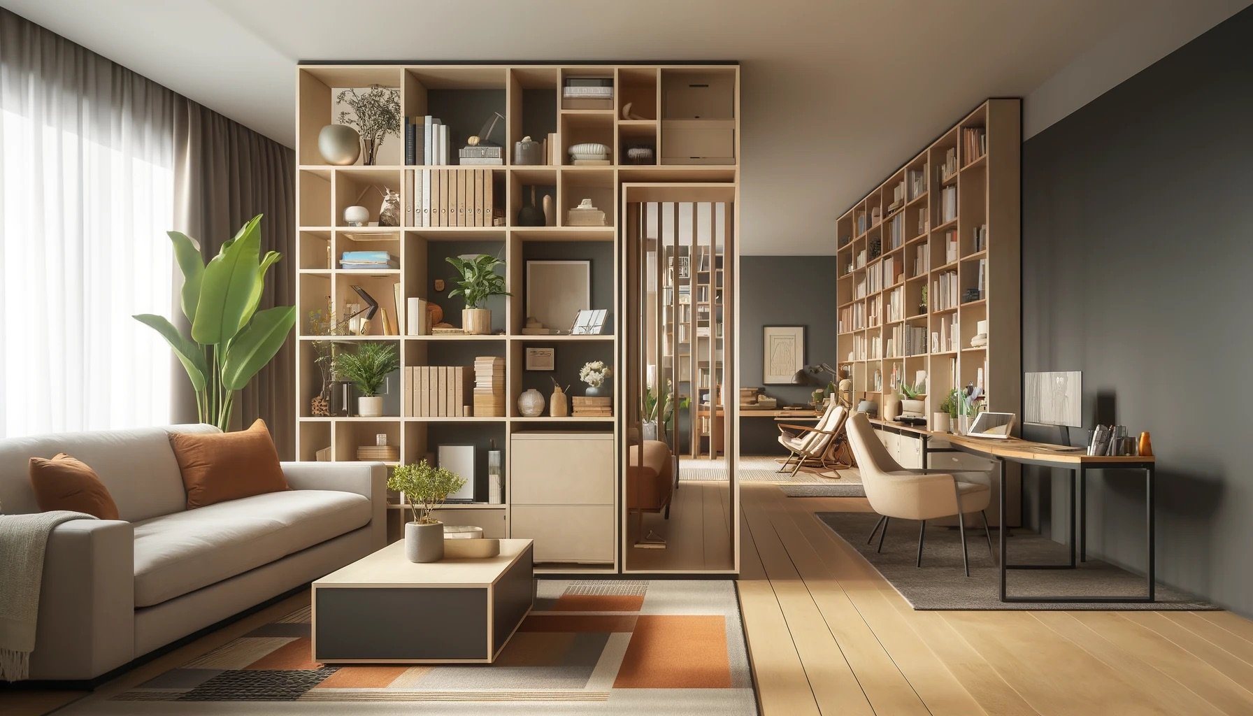 Salon contemporain et lumineux, décoré avec un canapé modulable, des touches végétales et un coin lecture confortable.