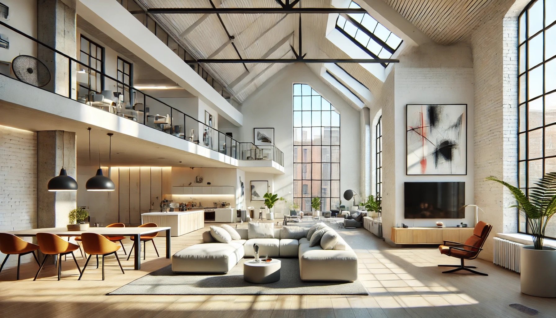 Loft contemporain avec grandes baies vitrées et éclairage naturel
