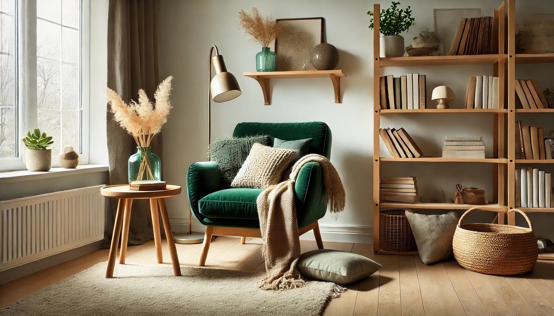 Coin lecture chaleureux avec un fauteuil en velours vert, des étagères en bois naturel et une décoration minimaliste pour un espace apaisant.