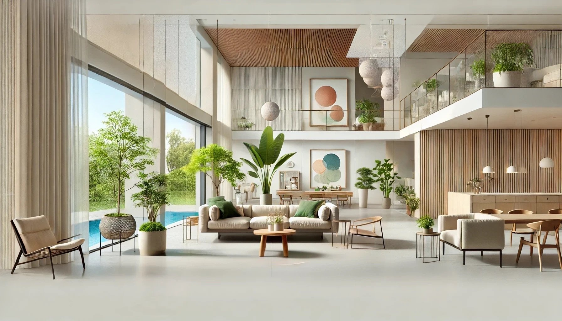 Un salon spacieux et lumineux, décoré avec des plantes d'intérieur et des grandes baies vitrées offrant une vue sur l’extérieur.