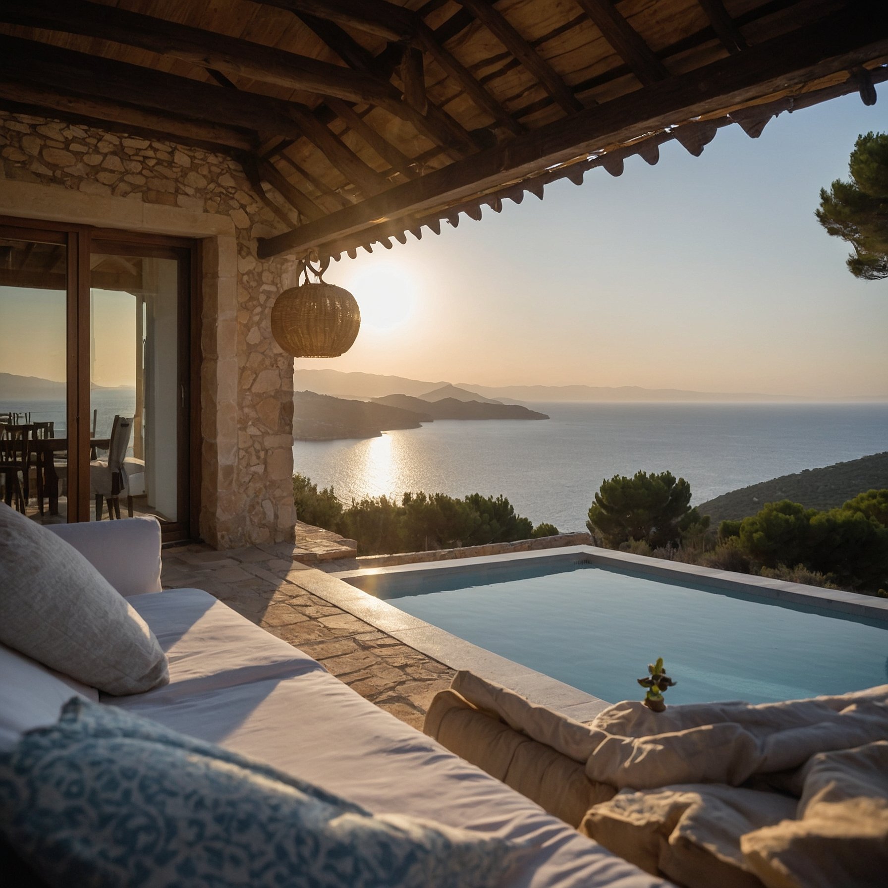 Superbe villa en pierre avec piscine et vue panoramique sur la mer en Corse. Un cadre idyllique pour une location saisonnière haut de gamme, offrant un coucher de soleil exceptionnel et un aménagement extérieur élégant et confortable.