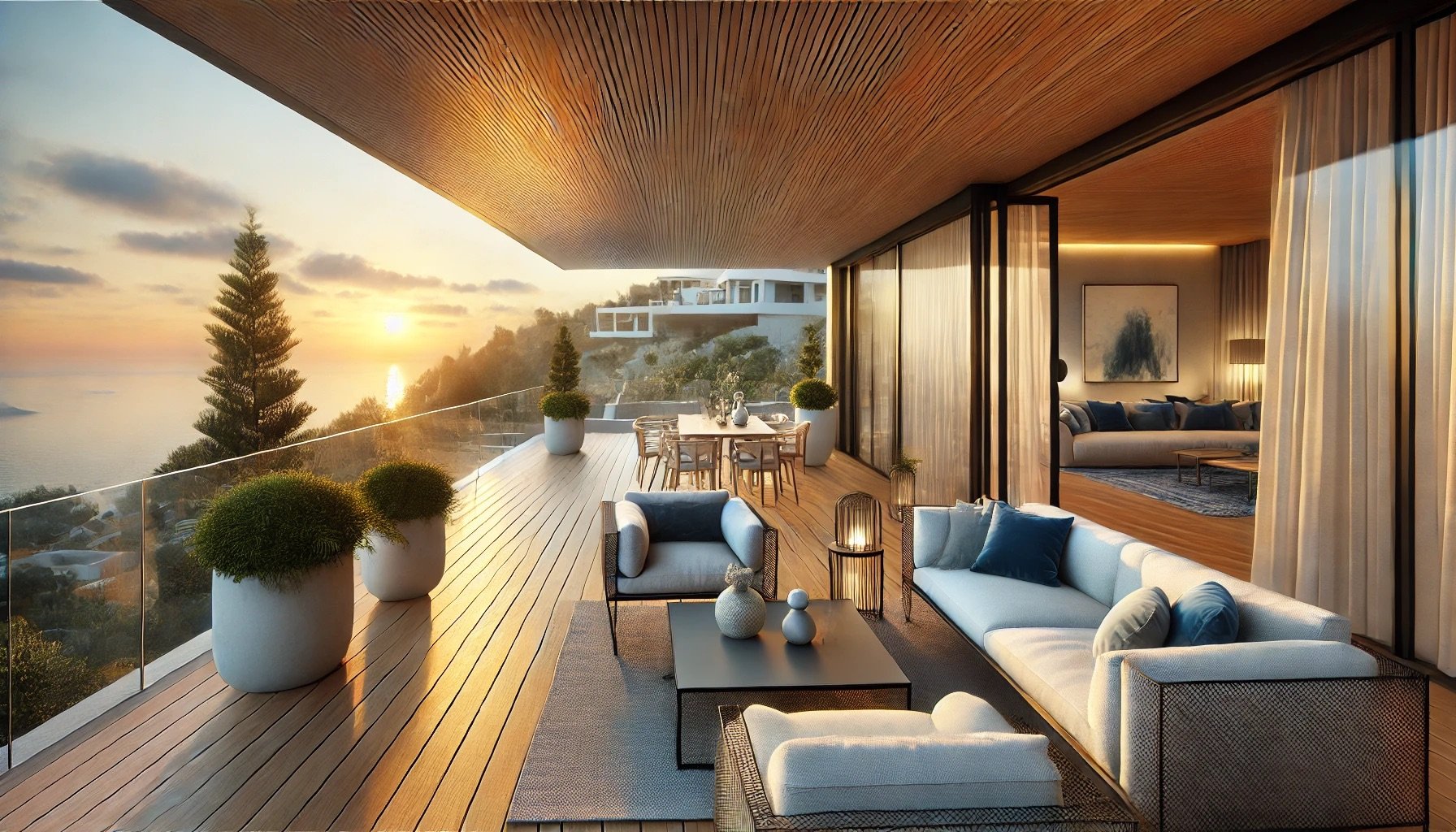 Terrasse en bois avec vue sur la mer au coucher de soleil