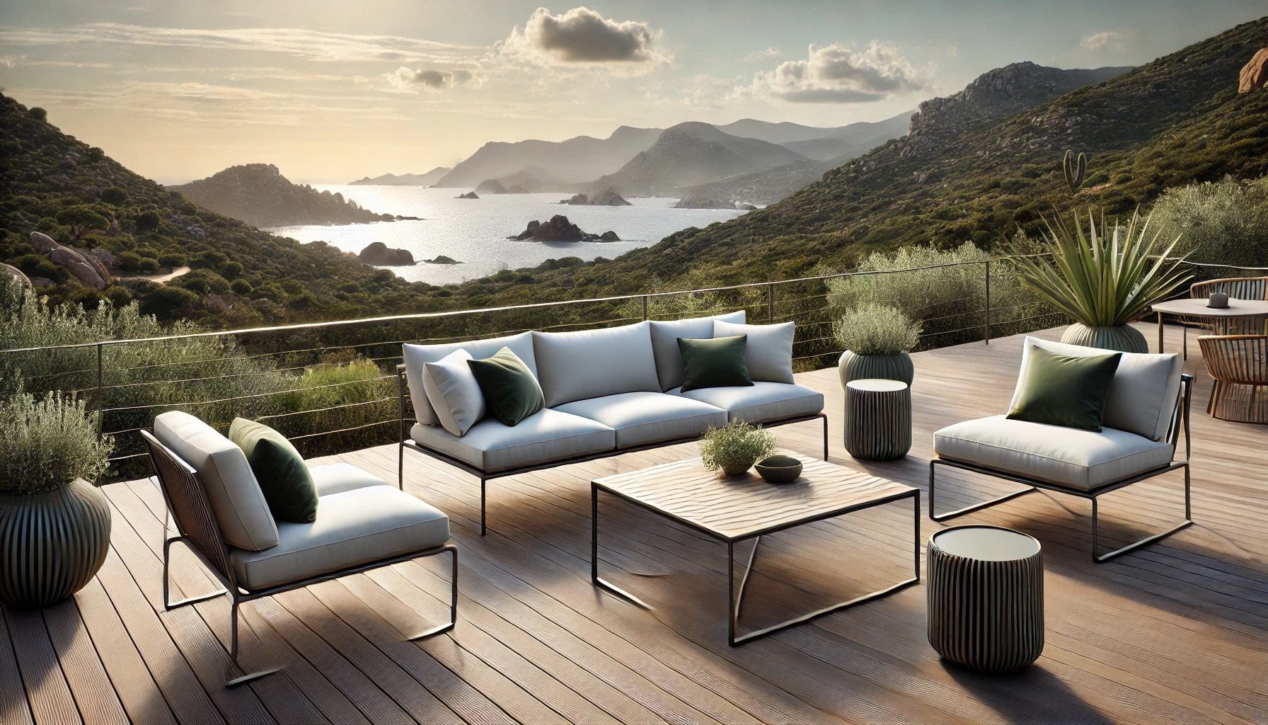 Terrasse moderne avec mobilier élégant et vue sur le maquis