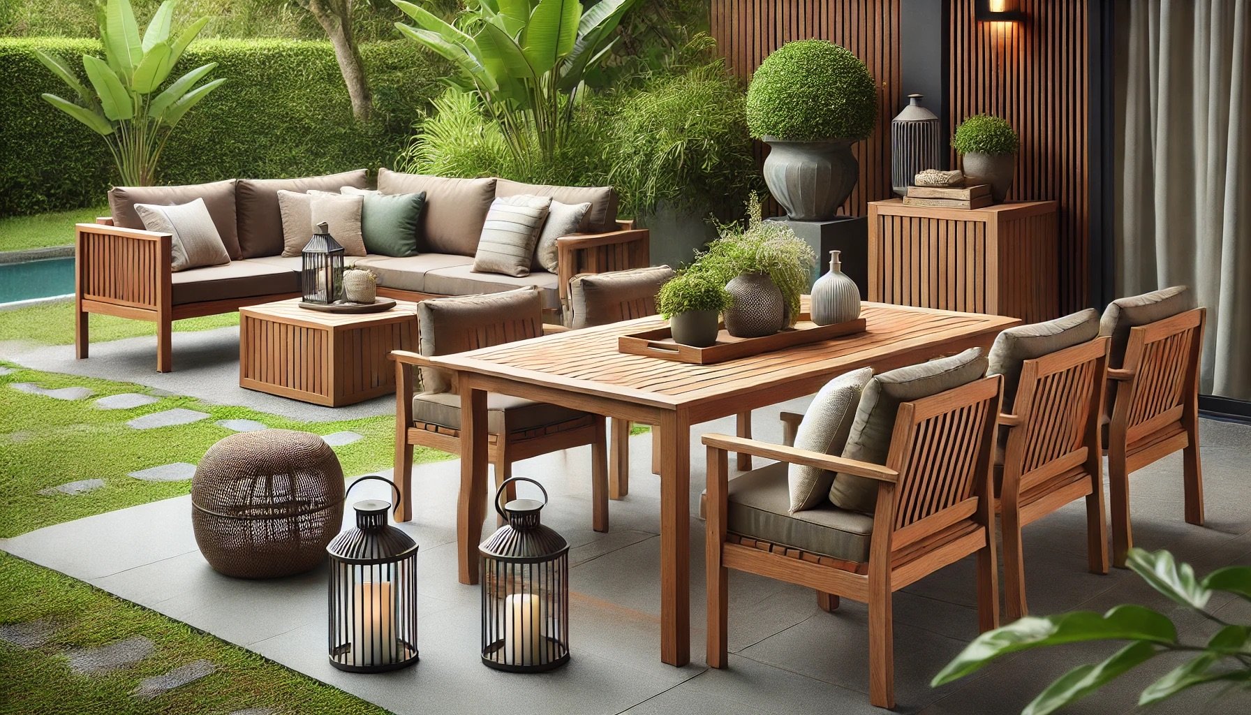 Salon de jardin méditerranéen entouré de végétation luxuriante