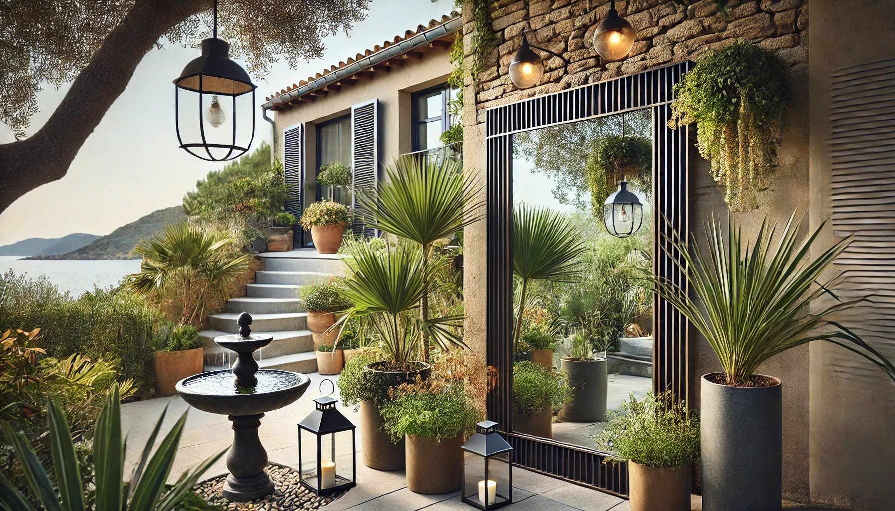 Jardin méditerranéen avec plantes et décoration extérieure
