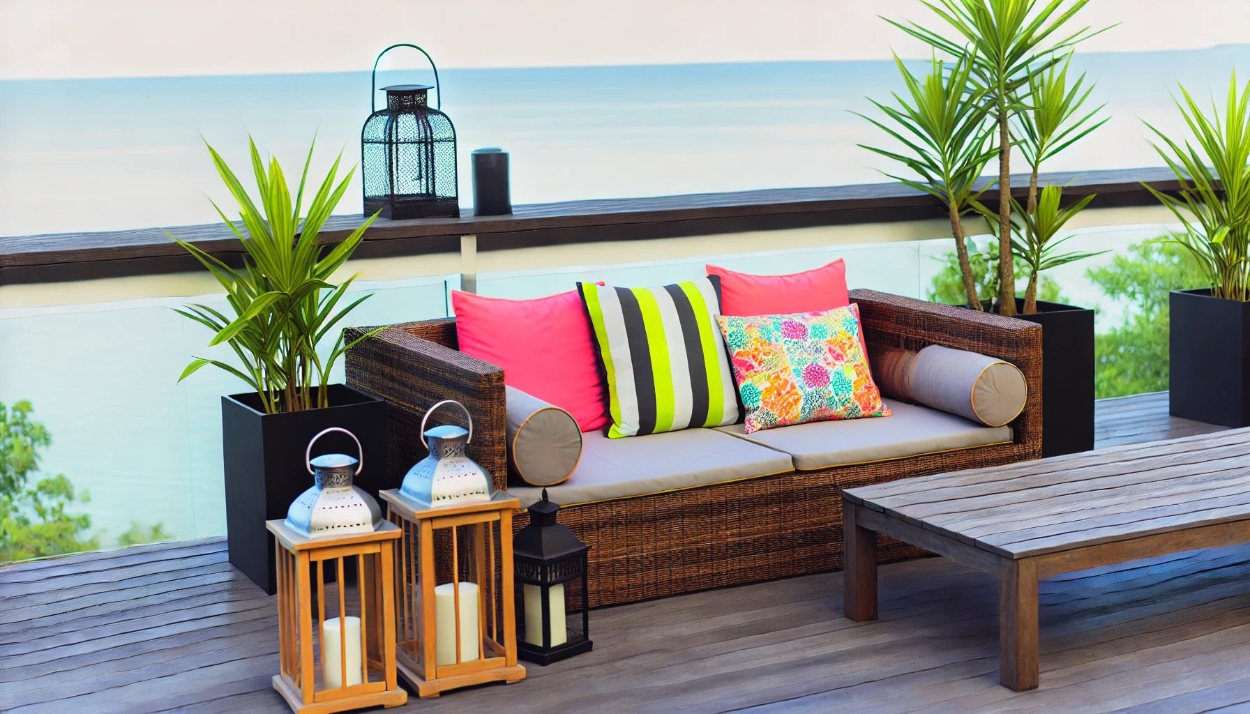 Espace lounge extérieur coloré avec décorations en bord de mer