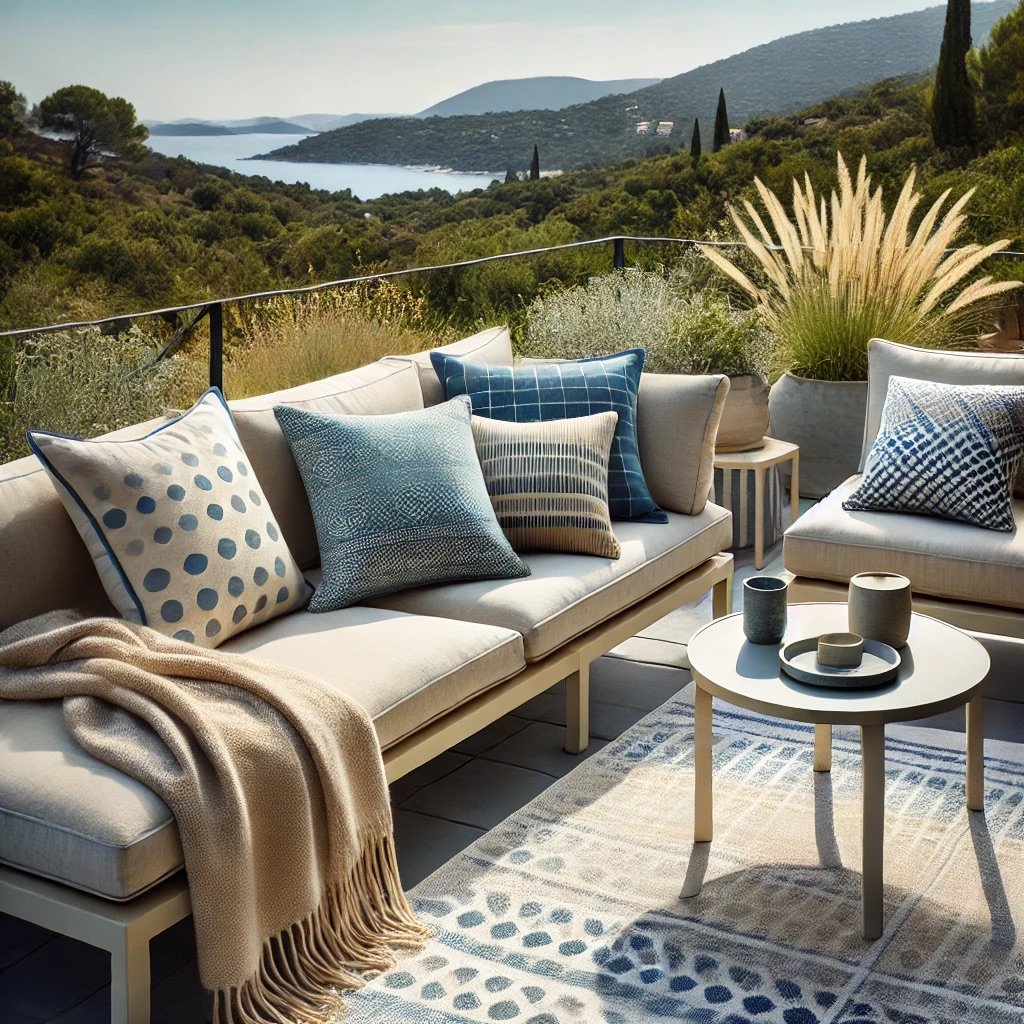 Coin détente extérieur avec plaid et coussins, offrant confort et style en Corse.