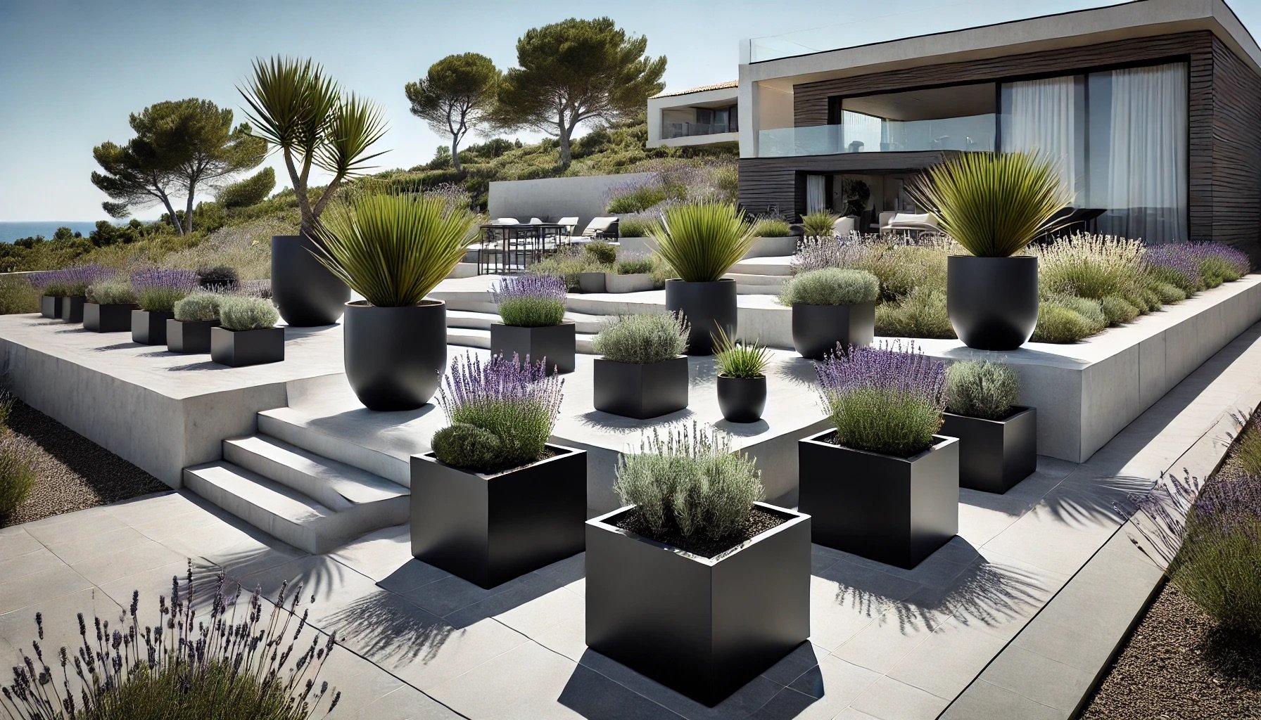 Terrasse moderne essences méditerranéennes avec mobilier en moderne, combinant style et fonctionnalité en Corse.