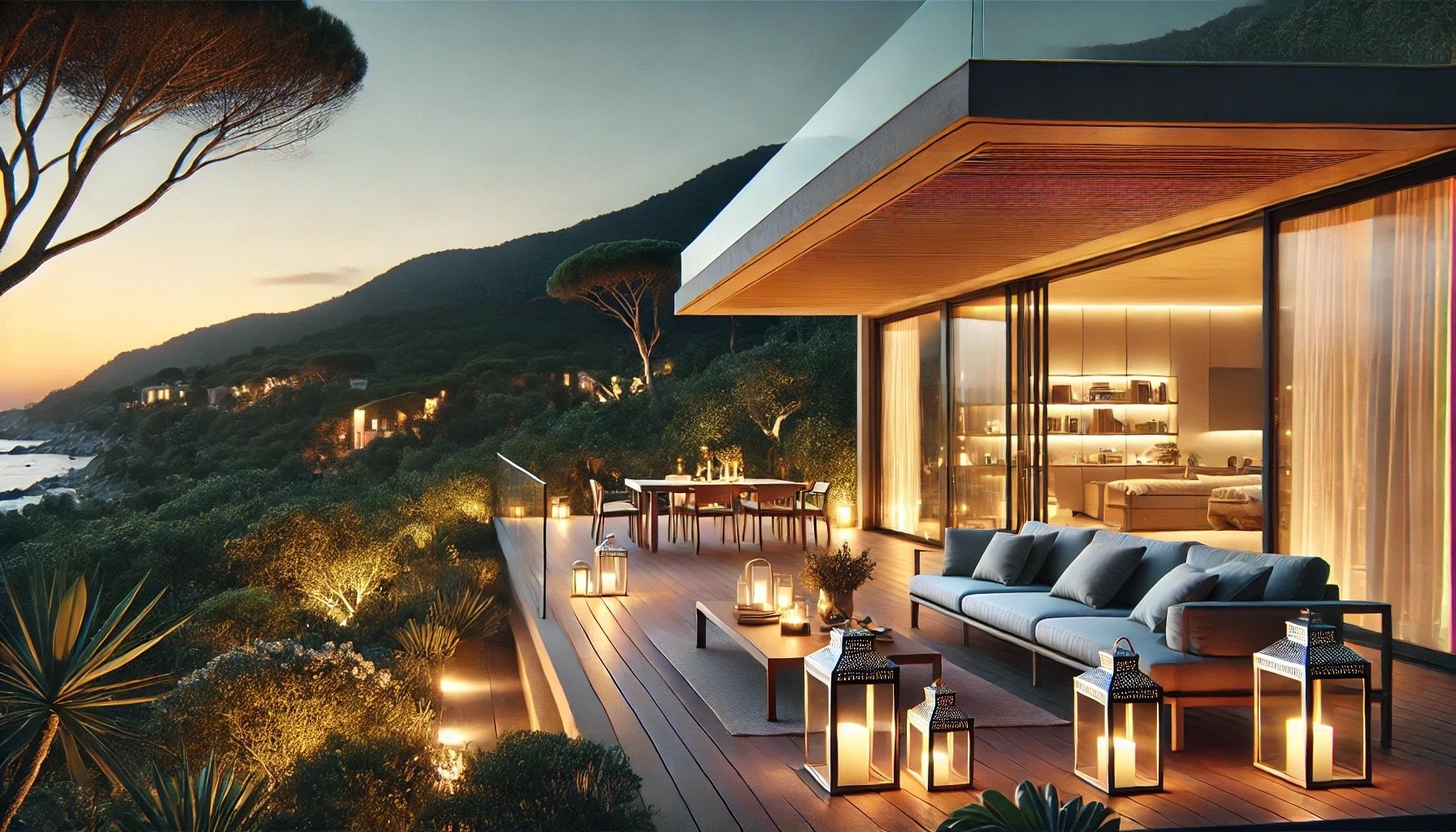 Jardin aménagé avec différentes zones de détente, optimisant l'espace extérieur en Corse.