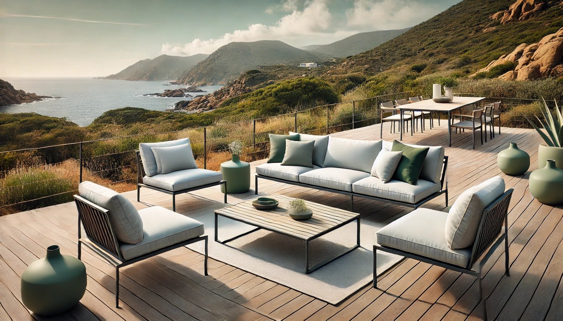 Terrasse moderne avec mobilier en aluminium, combinant style et fonctionnalité en Corse.
