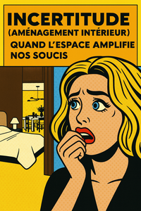 Illustration pop art d’une chambre minimaliste, soulignant l’impact de l’agencement intérieur sur la sérénité et la gestion de l’anxiété.