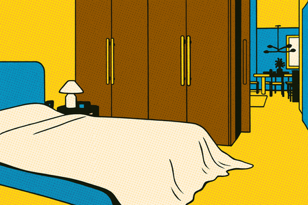 Illustration pop art sur le lien entre anxiété et aménagement intérieur, montrant l’influence des espaces de vie sur l’état émotionnel.