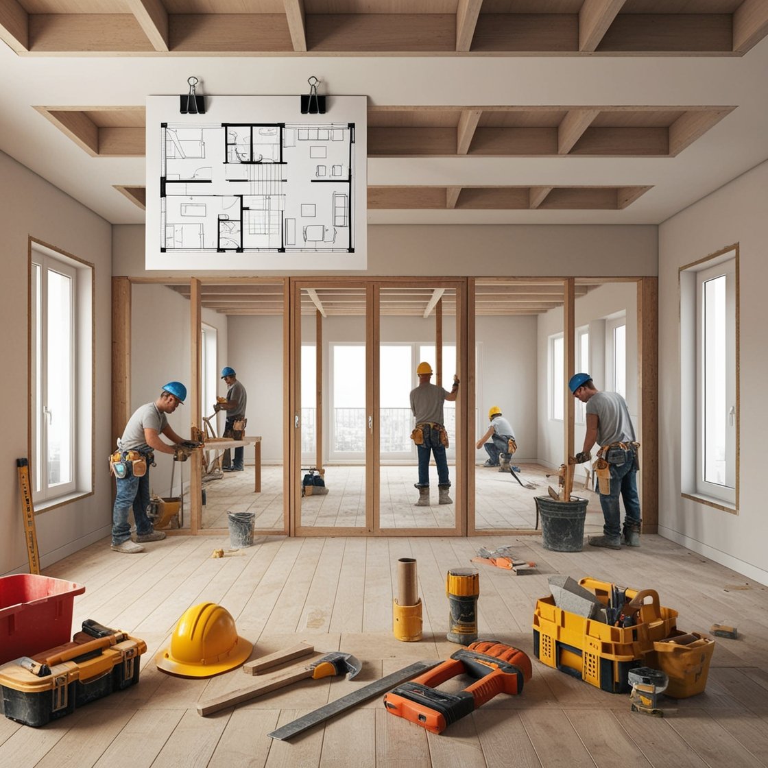 Chantier de rénovation en cours avec plans techniques