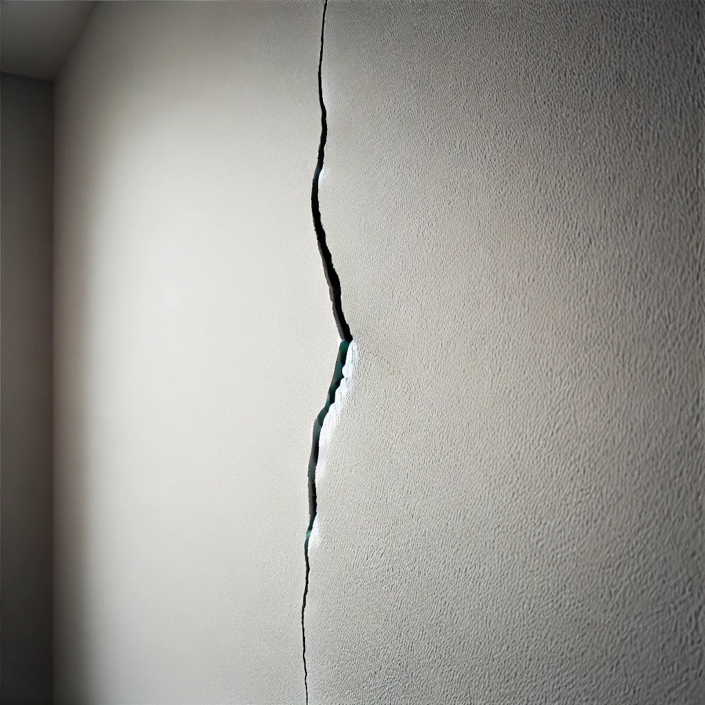 Une fissure importante dans un mur, illustrant les dommages potentiels pouvant être couverts par une assurance dommage-ouvrage.