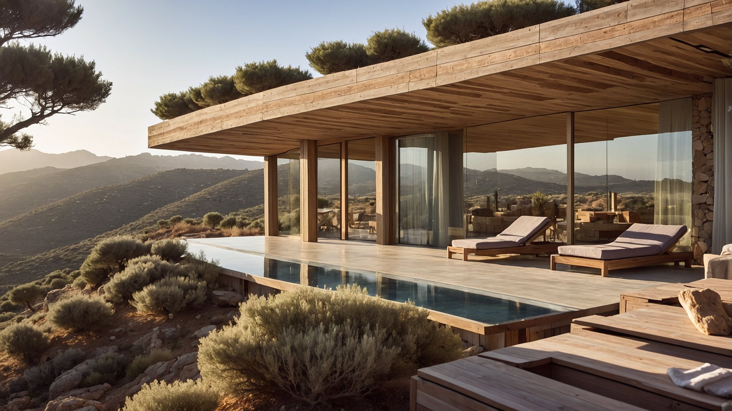 Terrasse d'hôtel en bois et piscine au coucher de soleil