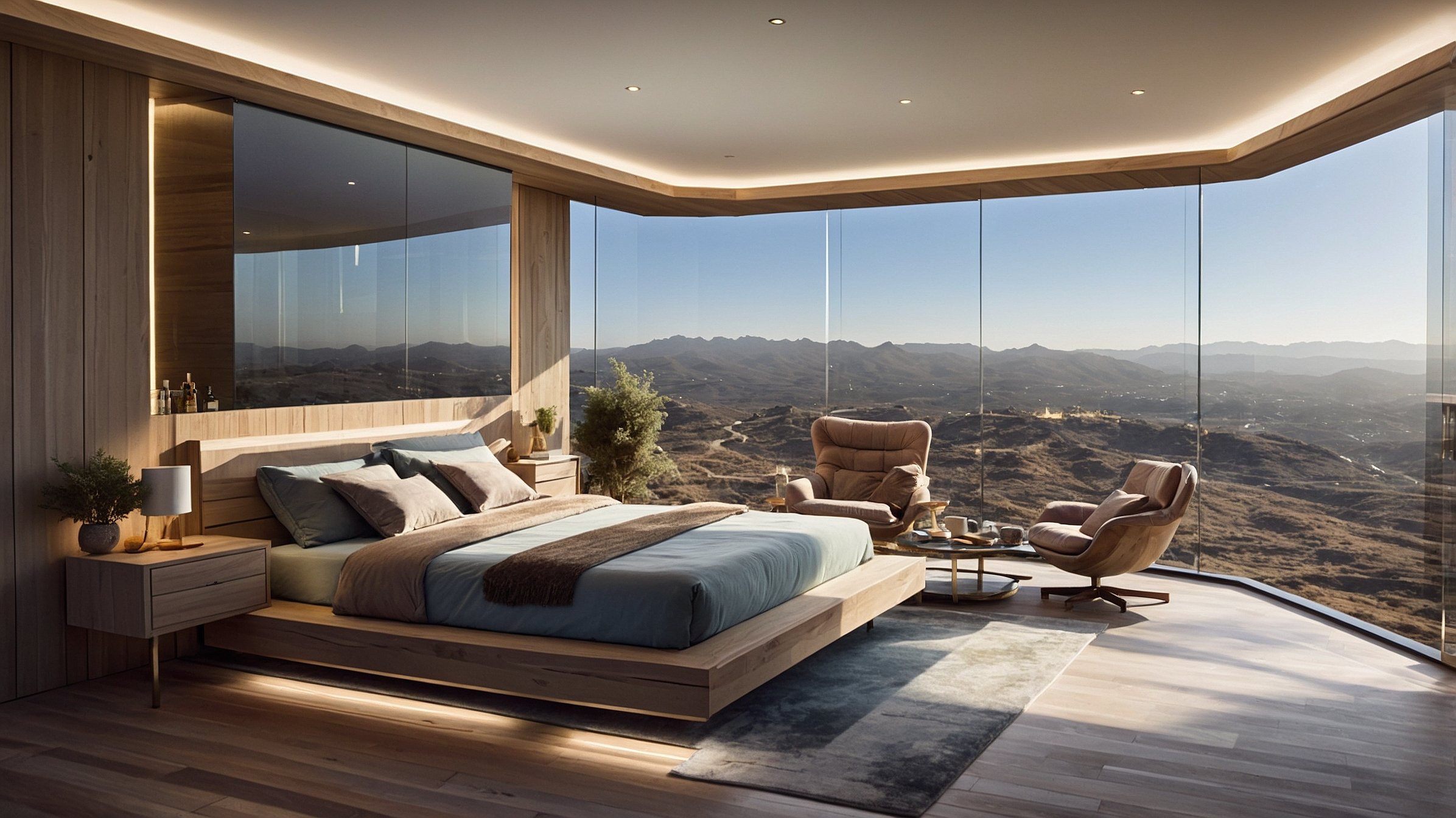 Chambre connectée avec vue panoramique sur la mer et les collines