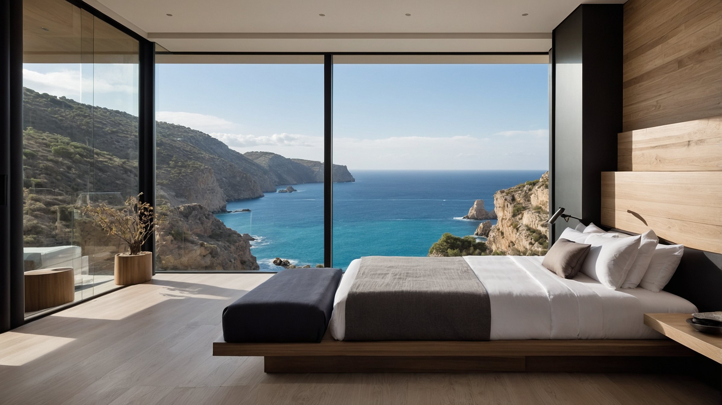 Chambre high-tech avec vue sur une crique méditerranéenne