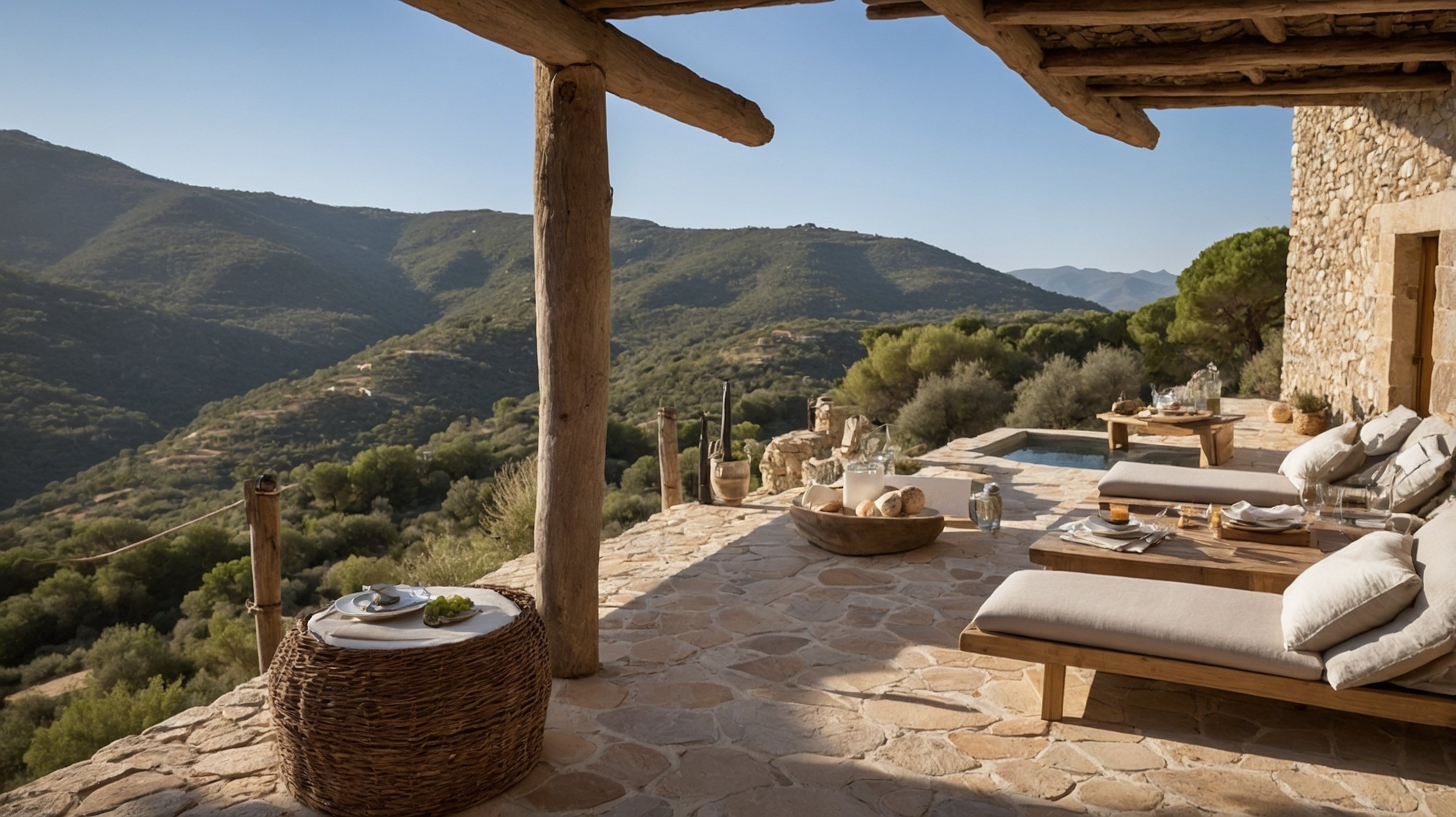 Terrasse en pierre avec vue panoramique sur le maquis