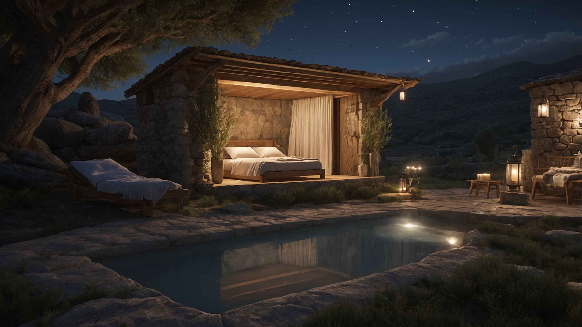 Terrasse et piscine illuminées au cœur du maquis