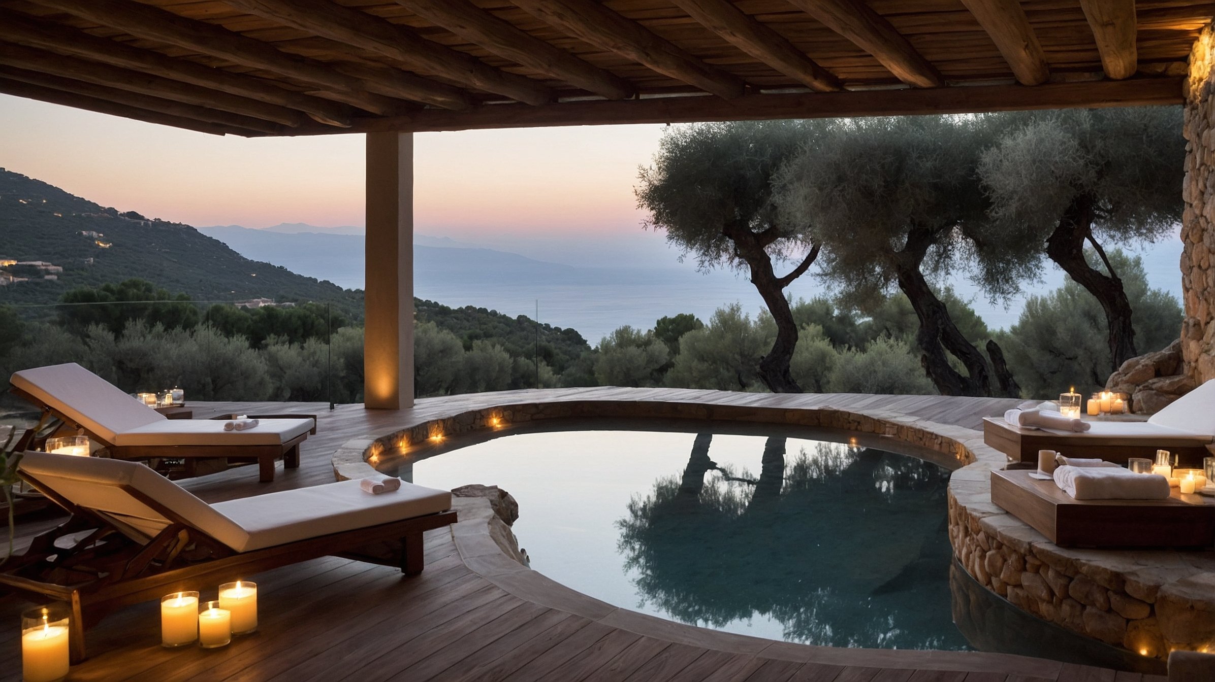 Terrasse et piscine éclairées à la tombée de la nuit
