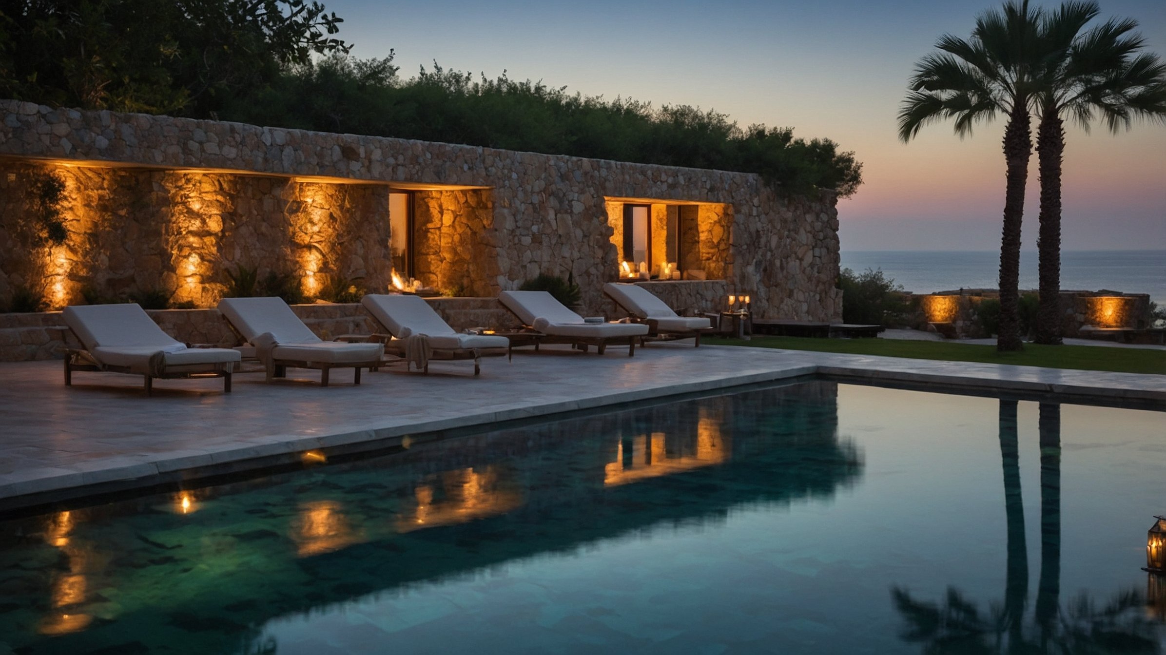 Piscine éclairée en soirée, entourée de chaises longues et d’une façade en pierre naturelle. Un cadre méditerranéen élégant et apaisant, parfait pour des moments de détente face à la mer.