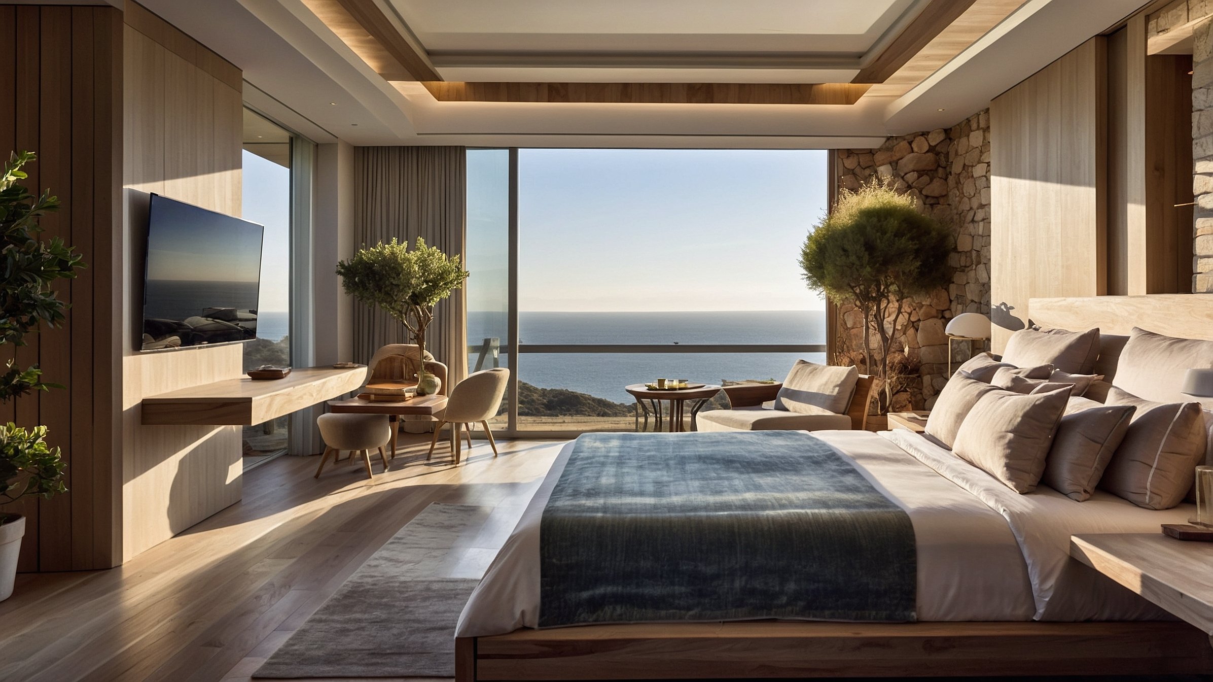 Découvrez une suite élégante au design naturel, offrant une vue imprenable sur la mer Méditerranée, baignée de lumière naturelle, avec un mobilier raffiné et des matériaux authentiques comme la pierre et le bois.