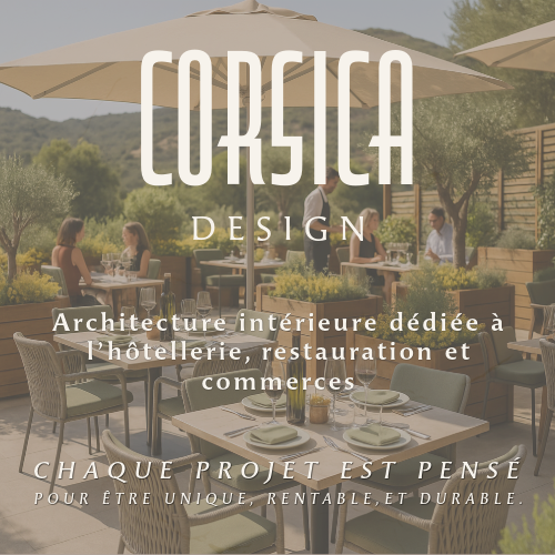 “Aménagement de terrasse de restaurant en Corse avec parasols et mobilier outdoor, ambiance conviviale et végétalisée, Corsica Design.”